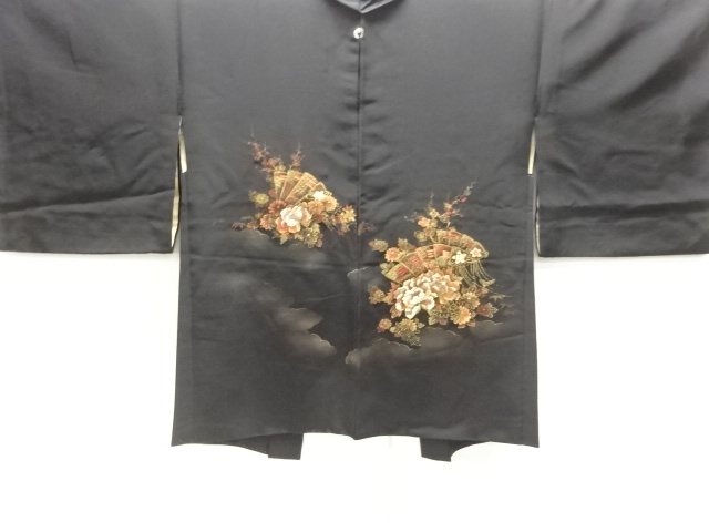 檜扇に草花模様織出し一ツ紋絵羽織